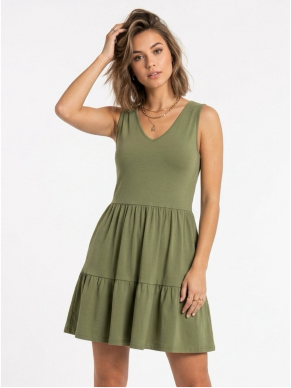 Olive Green Tiered Mini Dress Sleeveless V-Neck Skater Sun Dress Large - 723